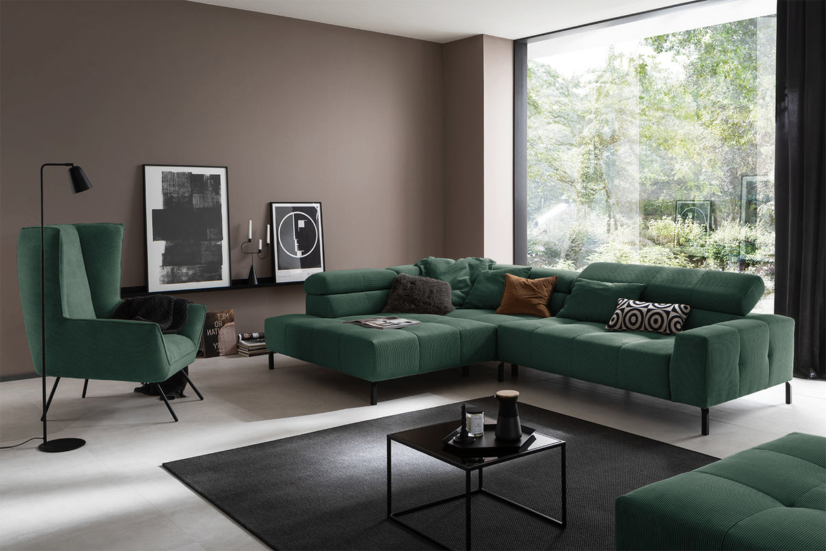 KAWOLA Sofa OHIO Ecksofa Feincord grün, Links, Relaxfunktion