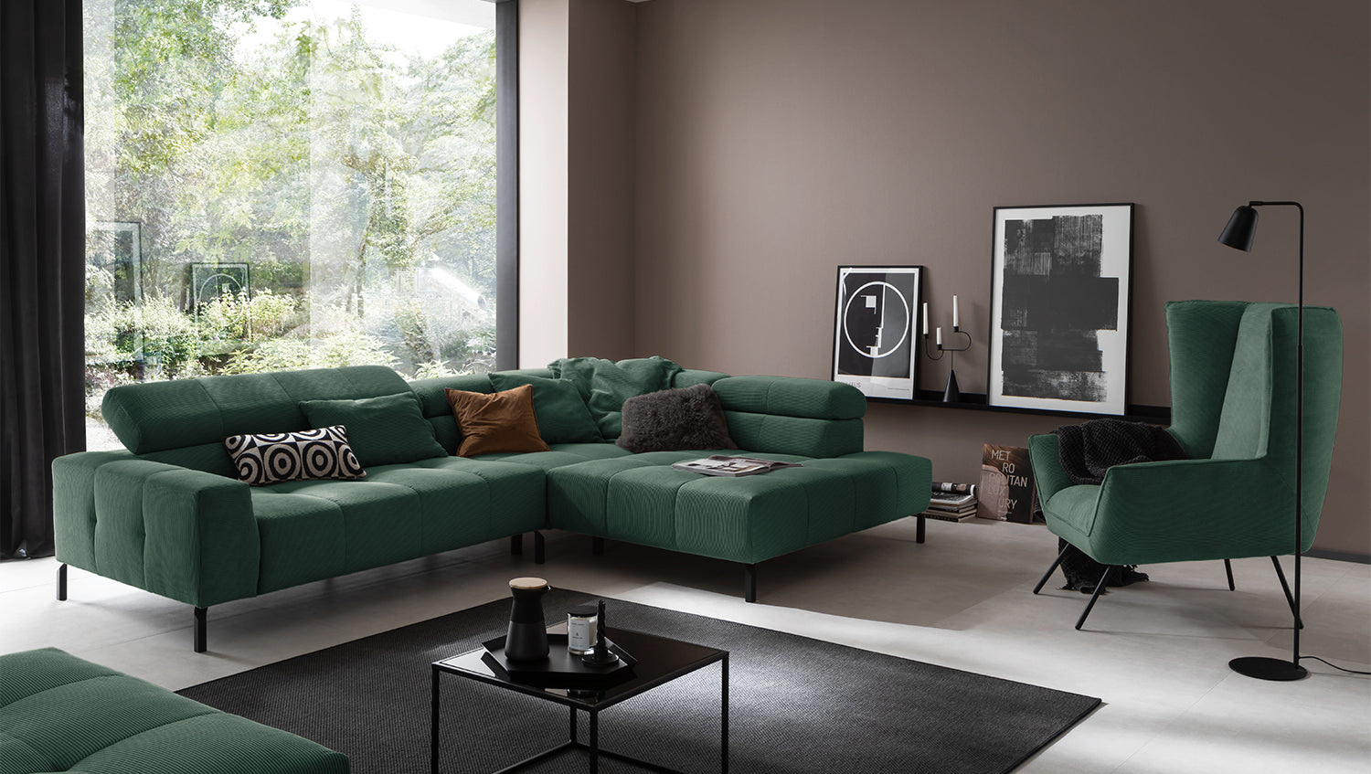 KAWOLA Sofa OHIO Ecksofa Feincord grün, Rechts, Ohne Komfortfunktion
