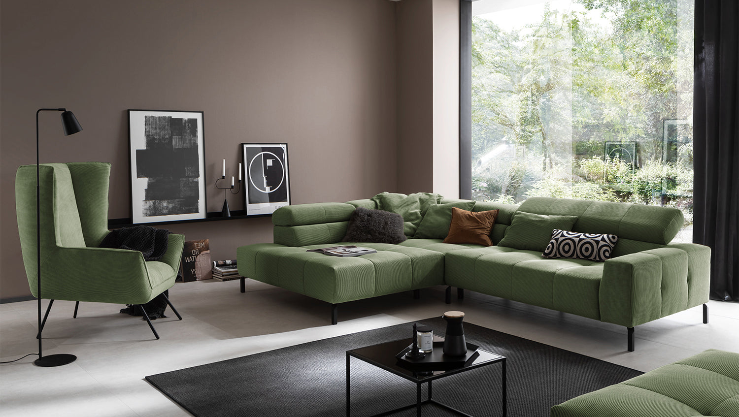KAWOLA Sofa OHIO Ecksofa Feincord olivgrün, Links, Ohne Komfortfunktion