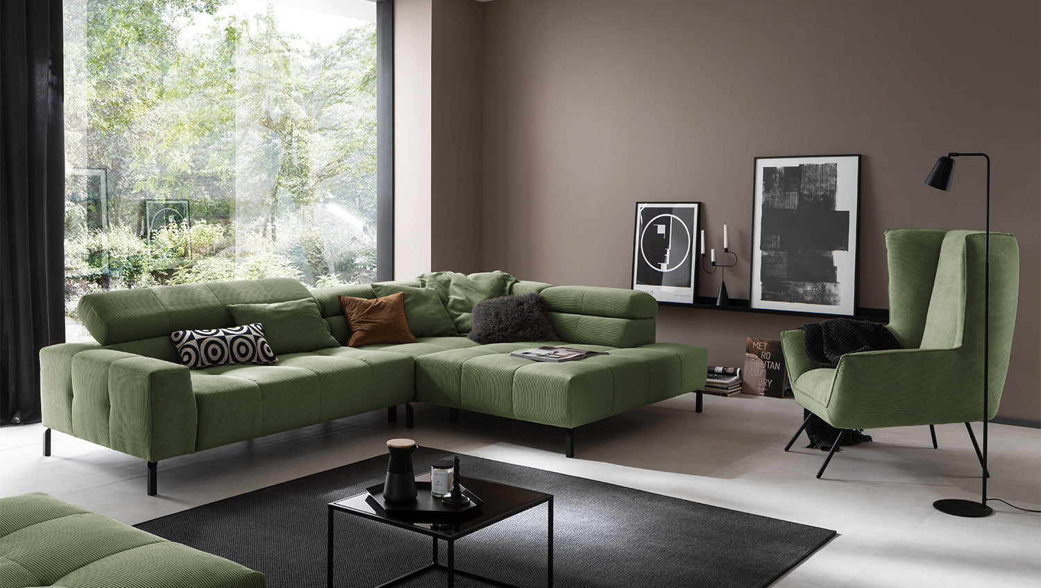 KAWOLA Sofa OHIO Ecksofa Feincord olivgrün, Rechts, Relaxfunktion