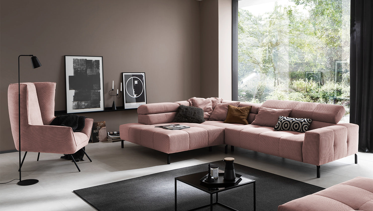 KAWOLA Sofa OHIO Ecksofa Feincord rosa, Links, Ohne Komfortfunktion