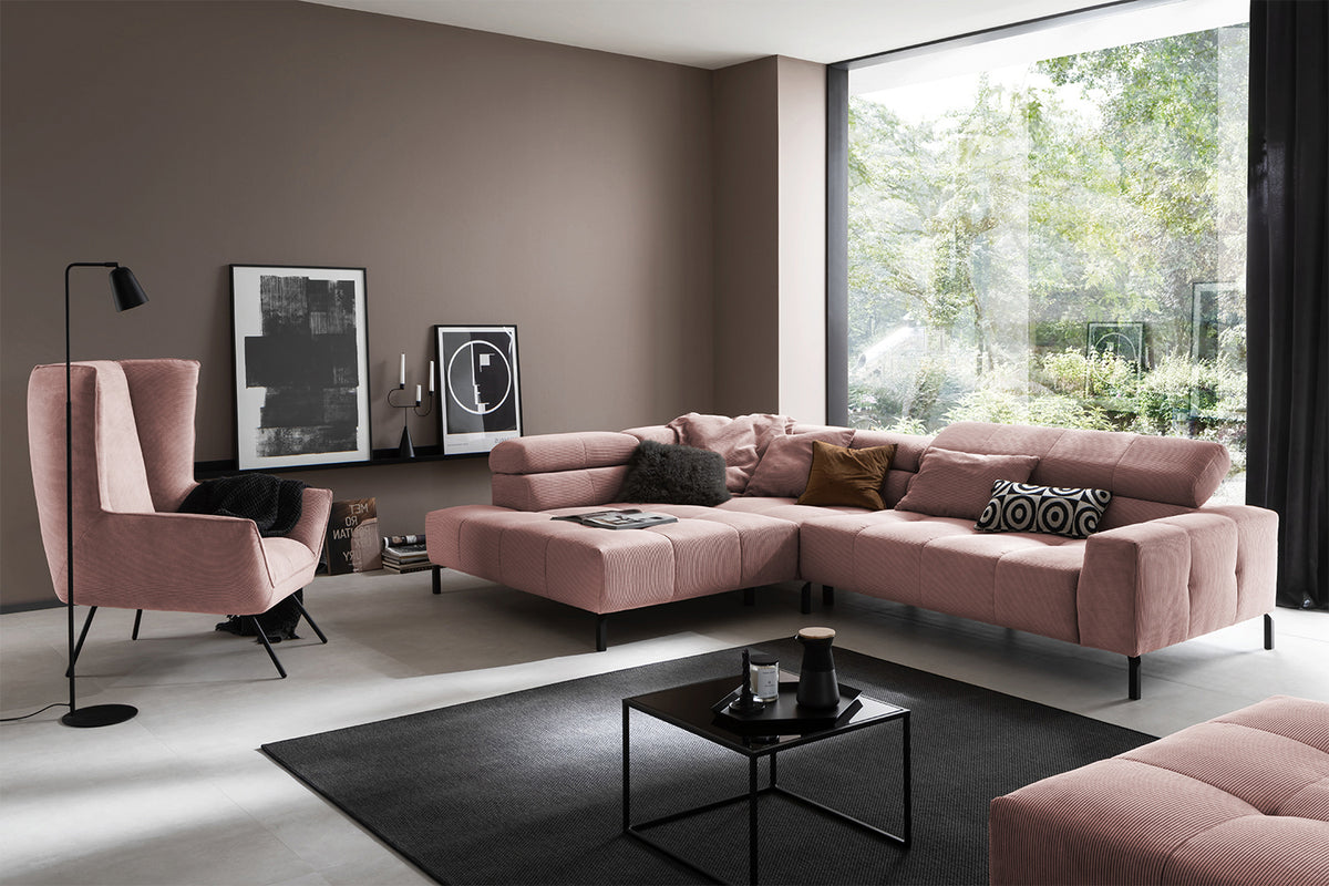 KAWOLA Sofa OHIO Ecksofa Feincord rosa, Links, Relaxfunktion