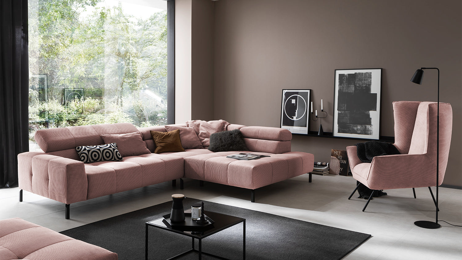 KAWOLA Sofa OHIO Ecksofa Feincord rosa, Rechts, Ohne Komfortfunktion