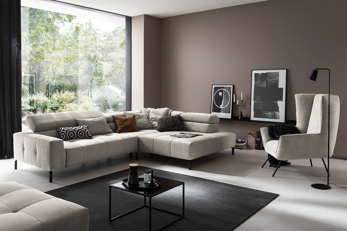 KAWOLA Sofa OHIO Ecksofa Feincord silber, Rechts, Relaxfunktion