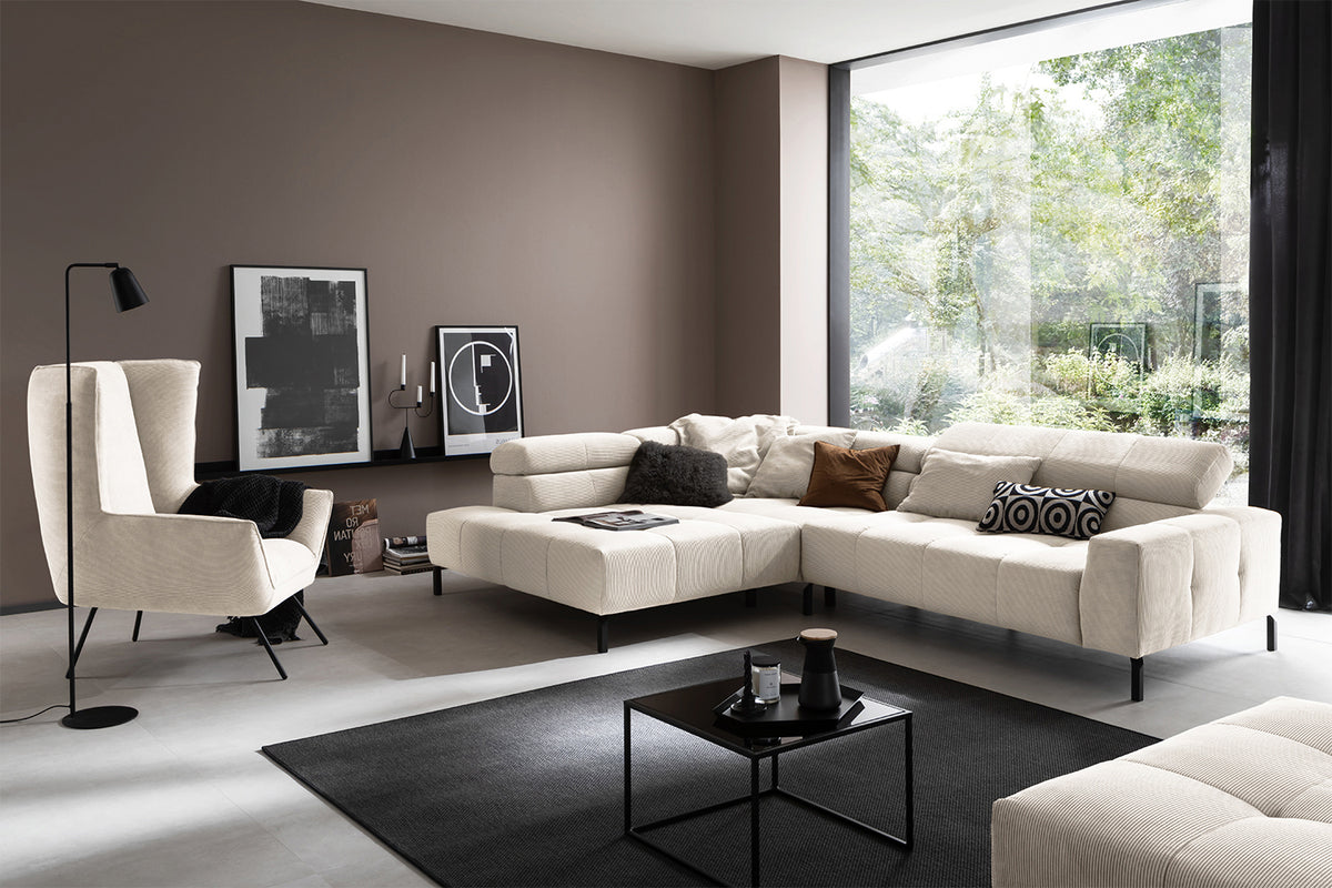 KAWOLA Sofa OHIO Ecksofa Feincord weiß, Links, Relaxfunktion