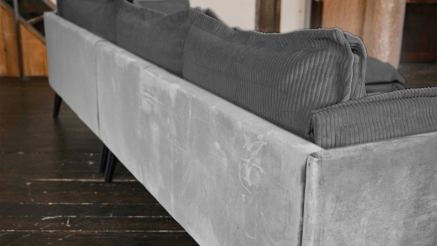 KAWOLA Sofa QUENYA Ecksofa Cord dunkelgrau / Velvet silber
