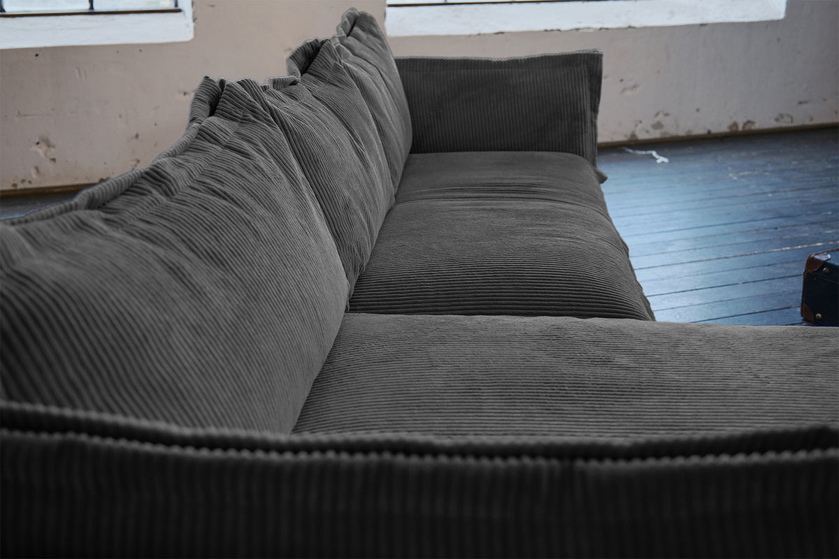 KAWOLA Sofa QUENYA Ecksofa Cord dunkelgrau / Velvet silber