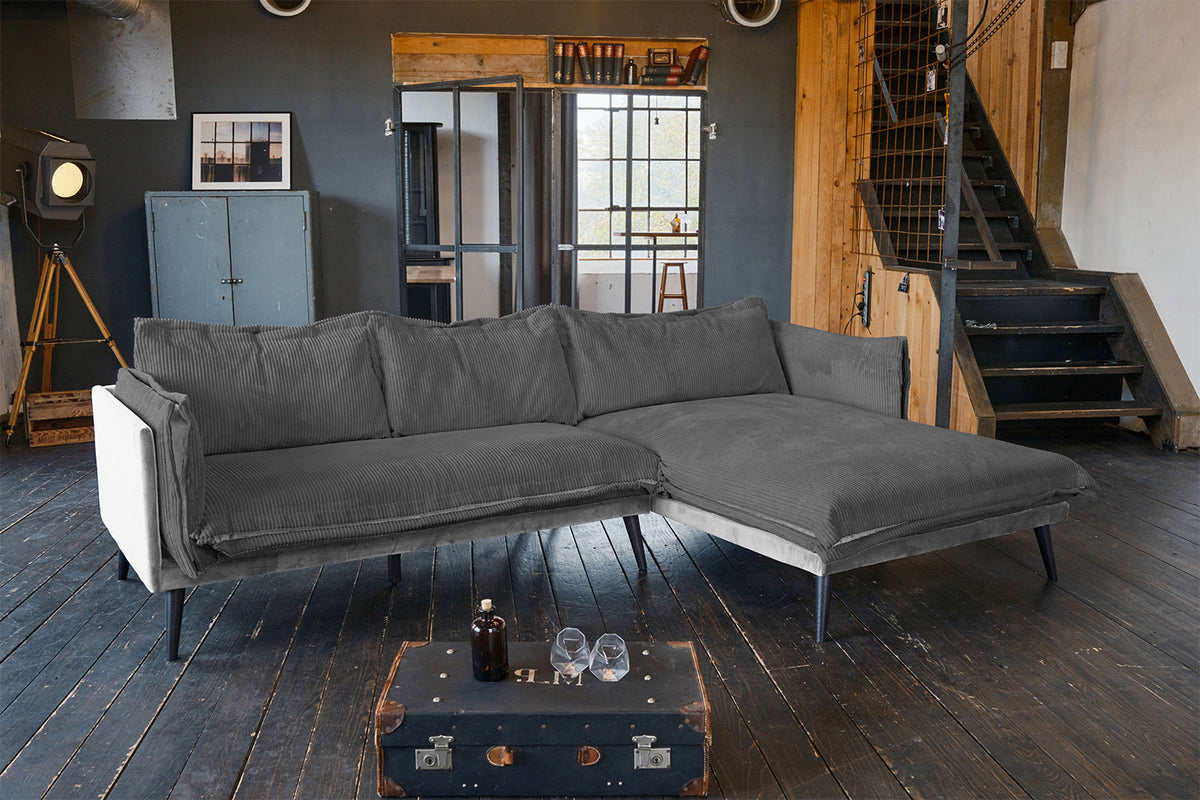KAWOLA Sofa QUENYA Ecksofa Cord dunkelgrau / Velvet silber, Ganz rechts