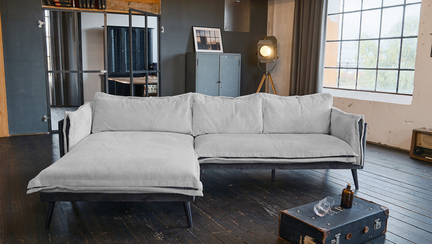 KAWOLA Sofa QUENYA Ecksofa Cord hellgrau / Velvet anthrazit