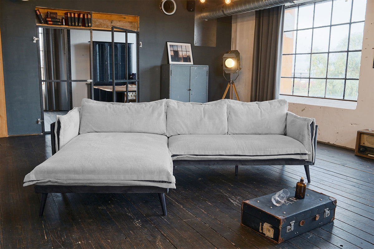 KAWOLA Sofa QUENYA Ecksofa Cord hellgrau / Velvet anthrazit