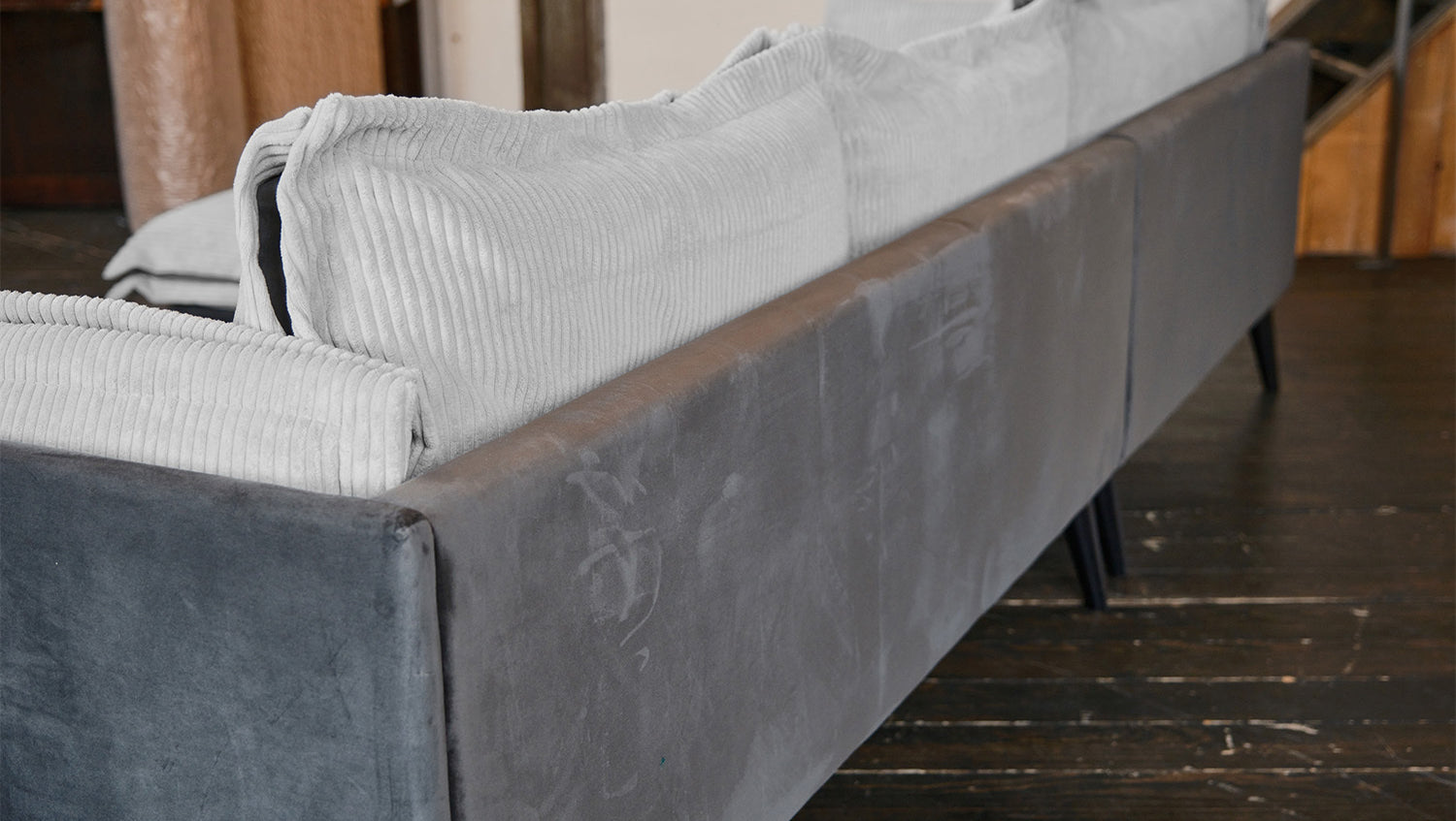 KAWOLA Sofa QUENYA Ecksofa Cord hellgrau / Velvet anthrazit