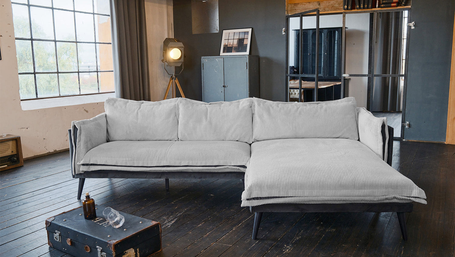 KAWOLA Sofa QUENYA Ecksofa Cord hellgrau / Velvet anthrazit