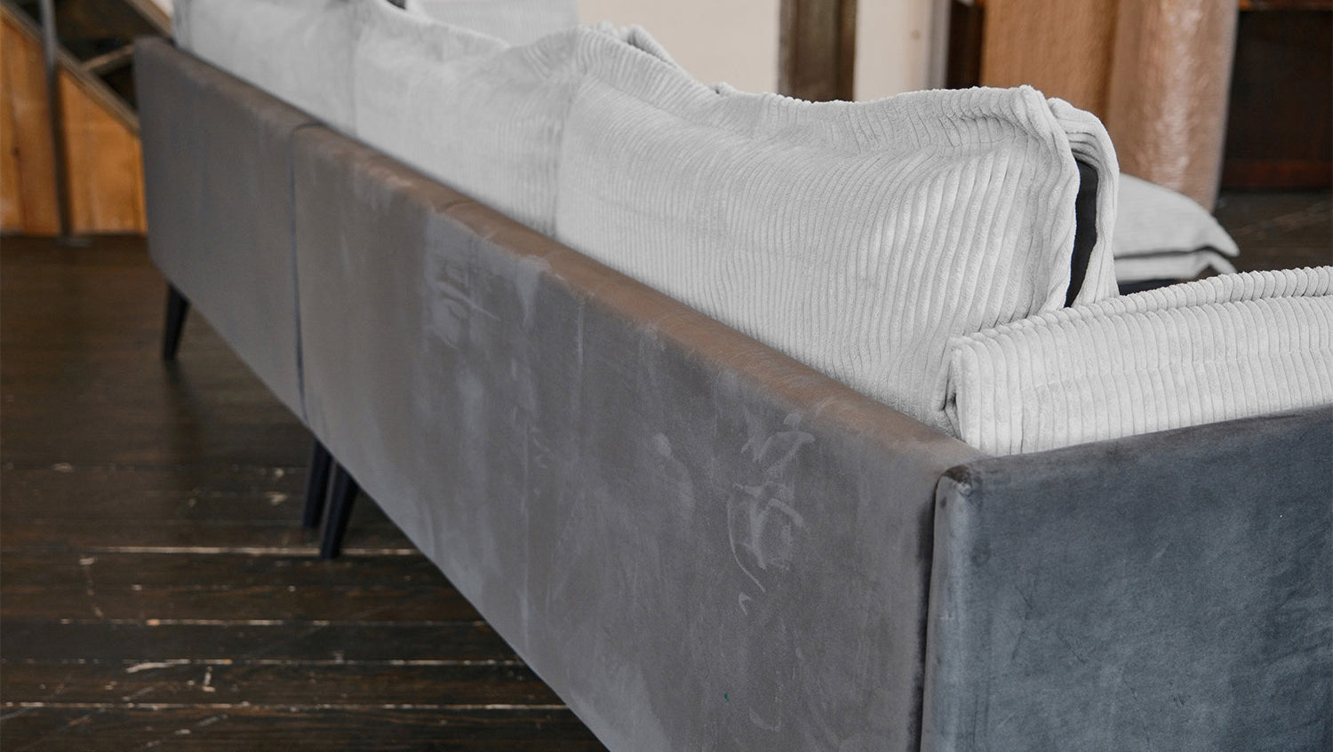 KAWOLA Sofa QUENYA Ecksofa Cord hellgrau / Velvet anthrazit