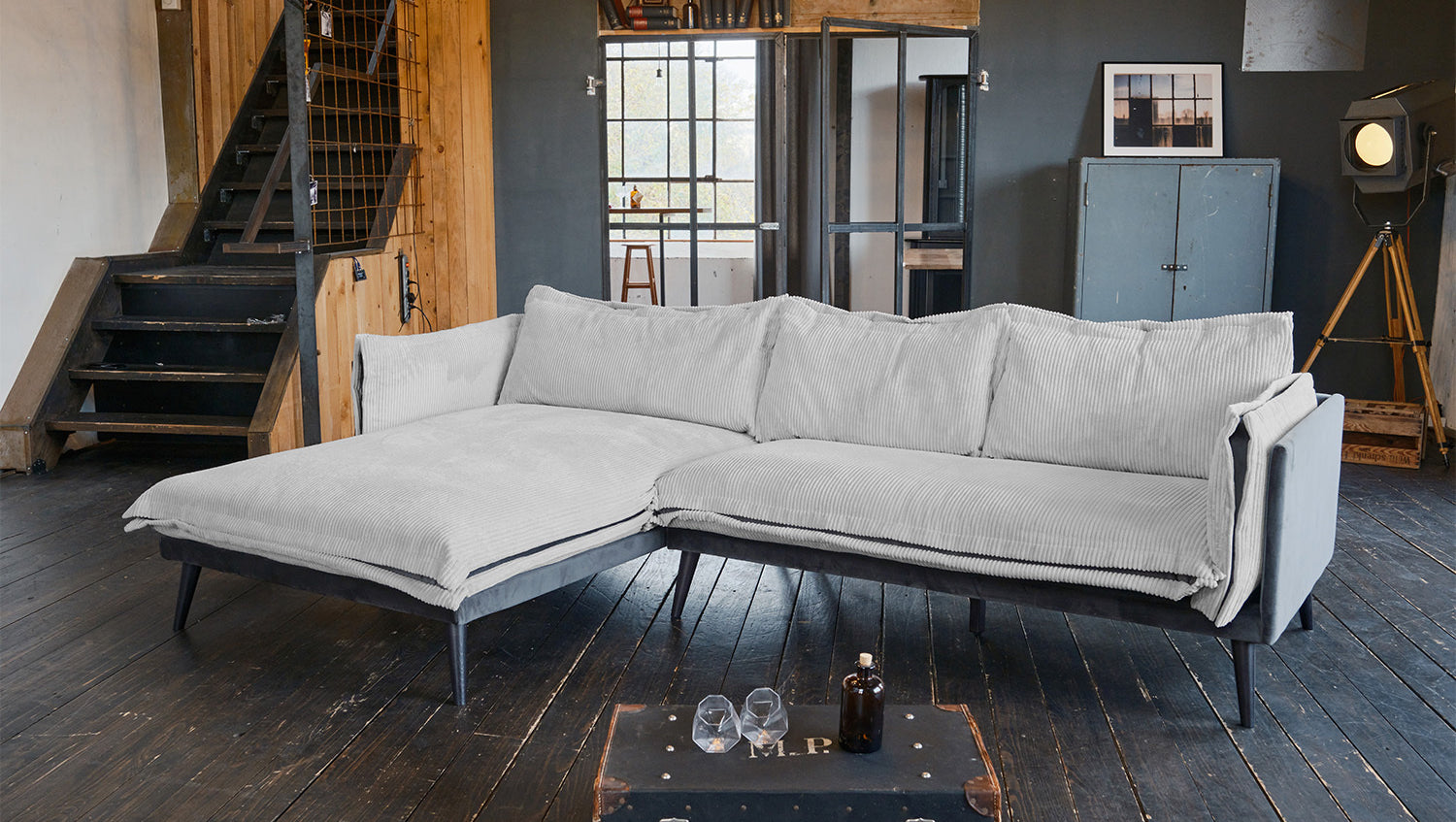 KAWOLA Sofa QUENYA Ecksofa Cord hellgrau / Velvet anthrazit, Ganz links