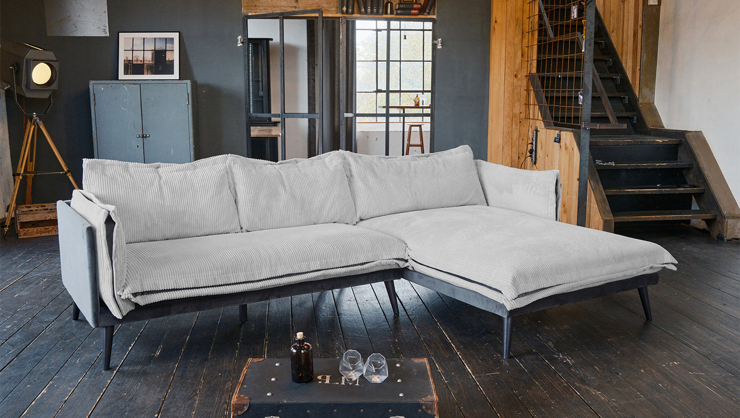 KAWOLA Sofa QUENYA Ecksofa Cord hellgrau / Velvet anthrazit, Ganz rechts