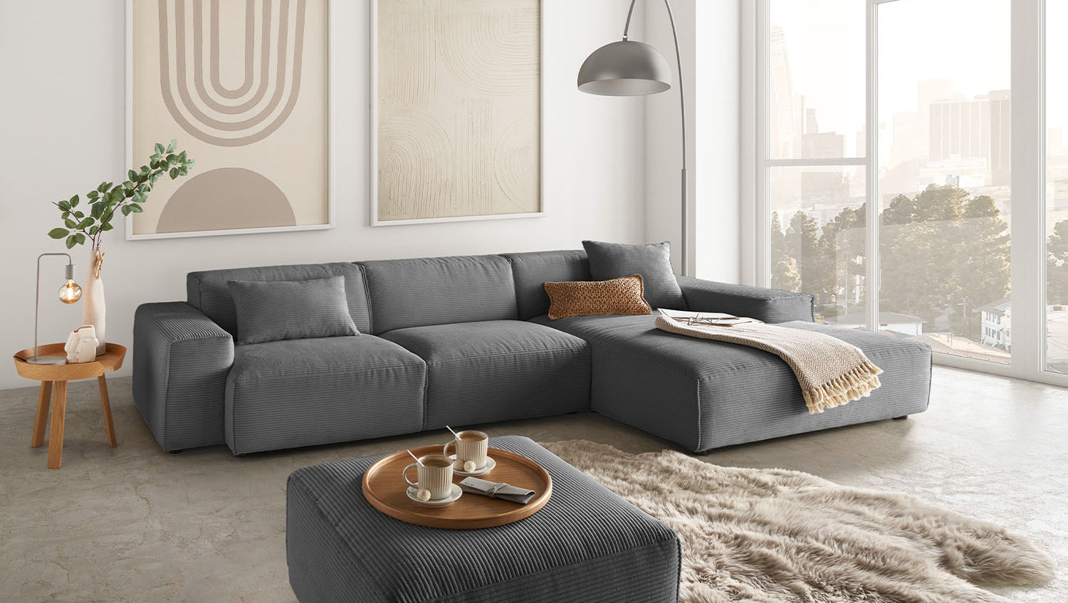 KAWOLA Sofa RANI Ecksofa Cord grau, Rechts
