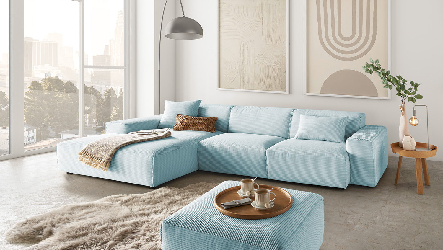 KAWOLA Sofa RANI Ecksofa Cord hellblau, Links