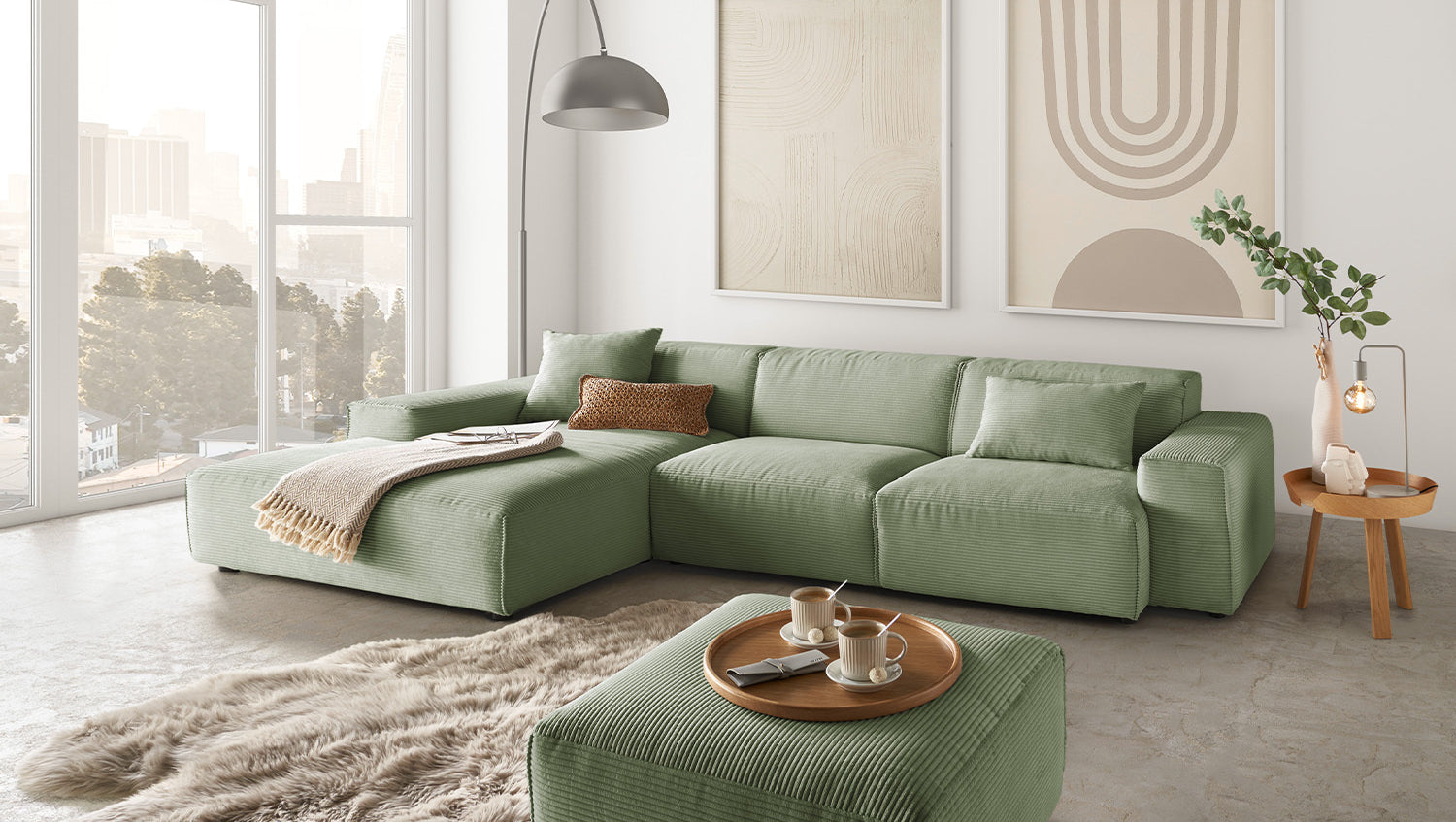 KAWOLA Sofa RANI Ecksofa Cord olivgrün, Links