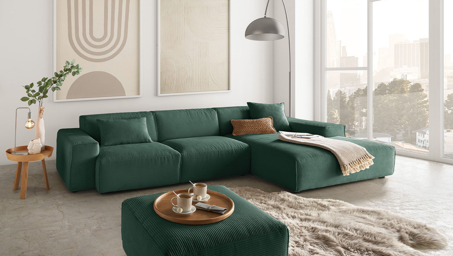 KAWOLA Sofa RANI Ecksofa Cord smaragd, Rechts