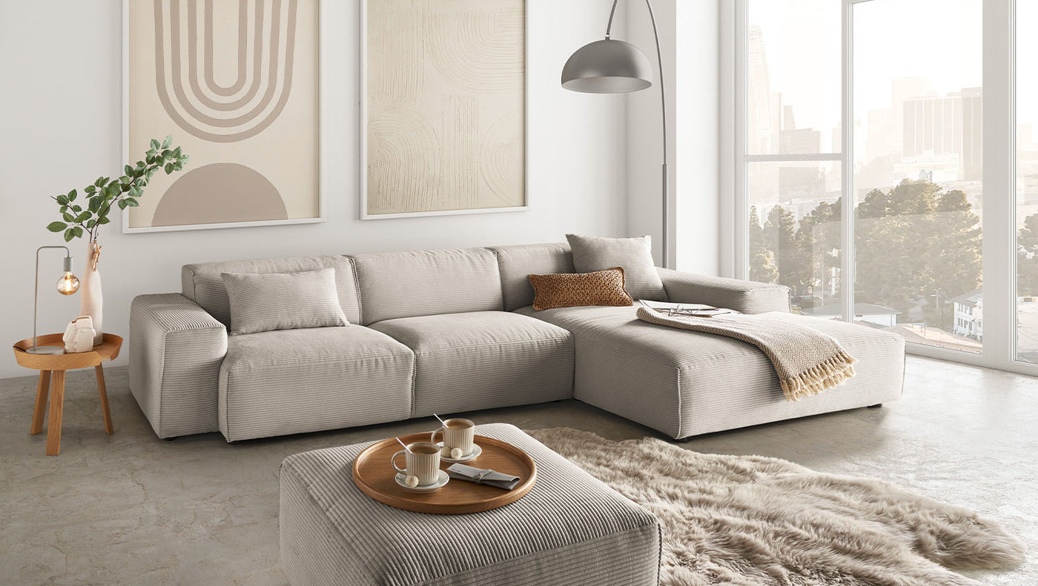 KAWOLA Sofa RANI Ecksofa Cord steingrau, Rechts