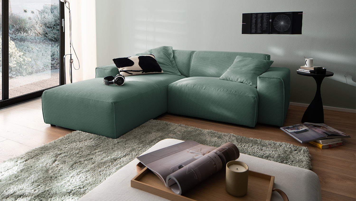 KAWOLA Sofa RANI Ecksofa Feincord grün, Links