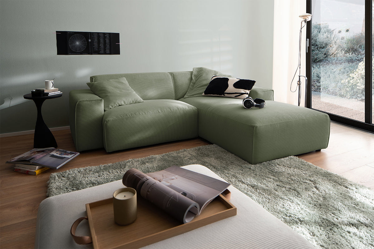 KAWOLA Sofa RANI Ecksofa Feincord olivgrün, Rechts