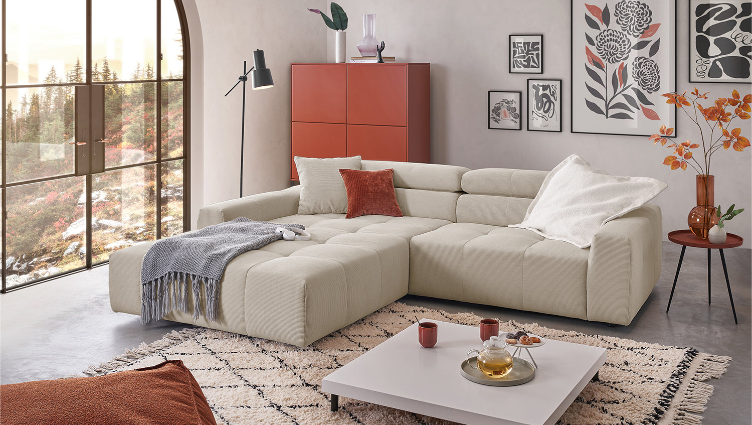 KAWOLA Sofa RENO Ecksofa Feincord beige, Links, Ohne Komfortfunktion