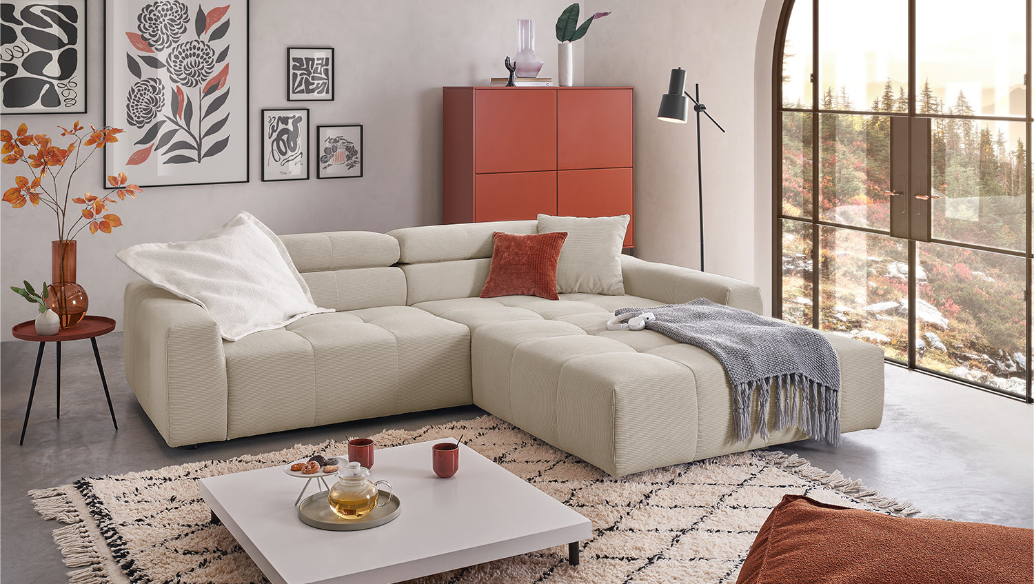KAWOLA Sofa RENO Ecksofa Feincord beige, Rechts, Ohne Komfortfunktion