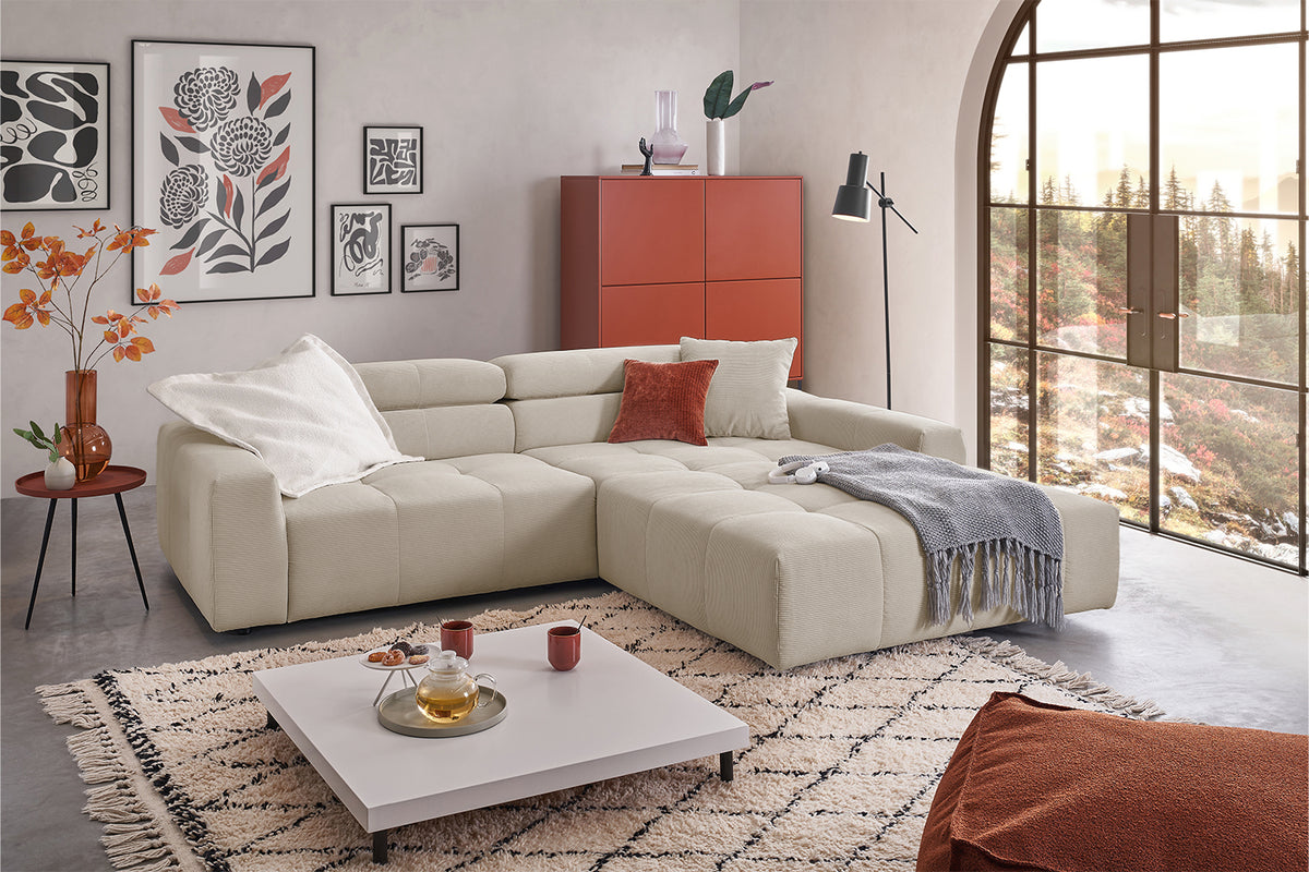 KAWOLA Sofa RENO Ecksofa Feincord beige, Rechts, Ohne Komfortfunktion