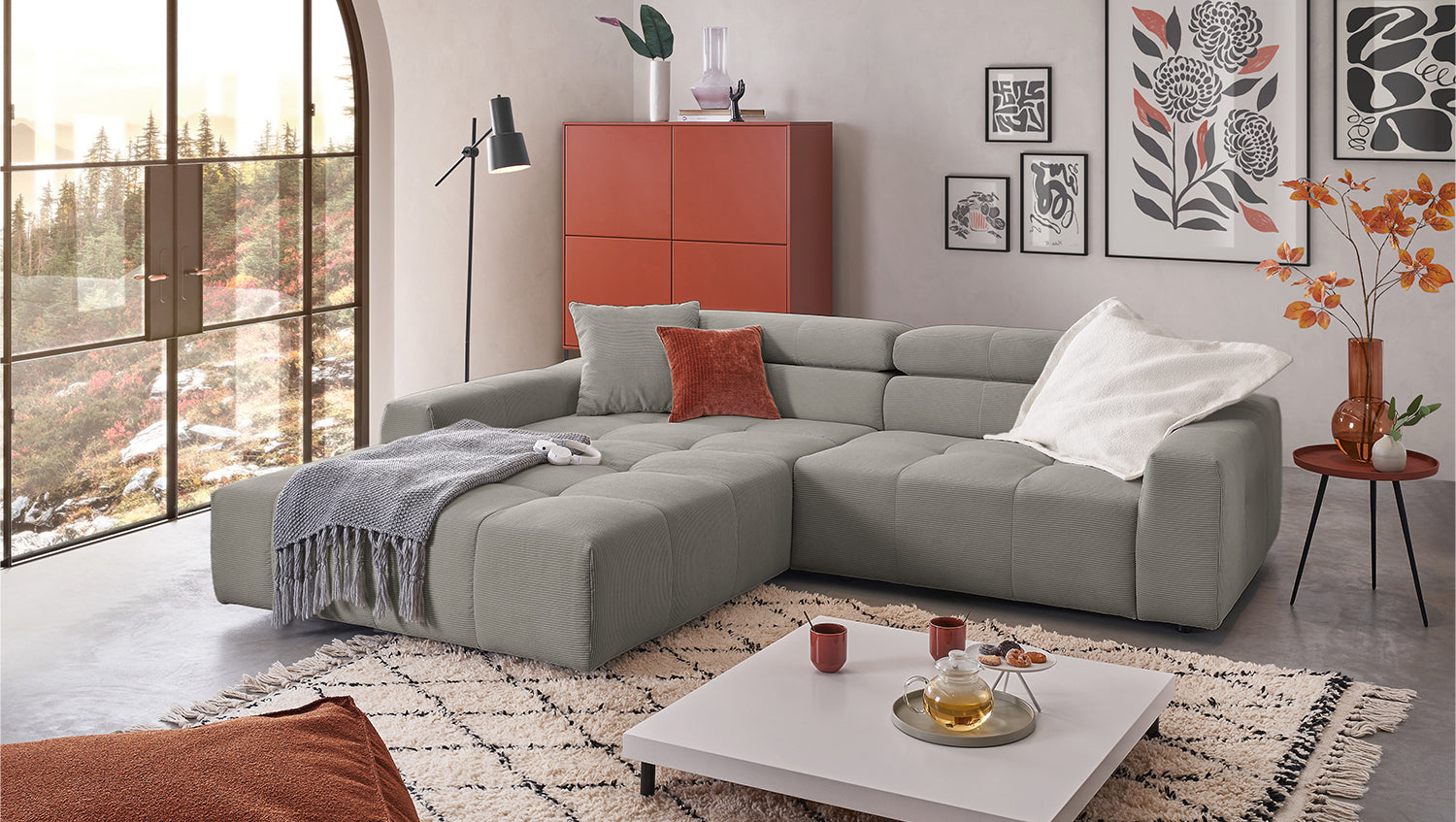 KAWOLA Sofa RENO Ecksofa Feincord grau, Links, Ohne Komfortfunktion