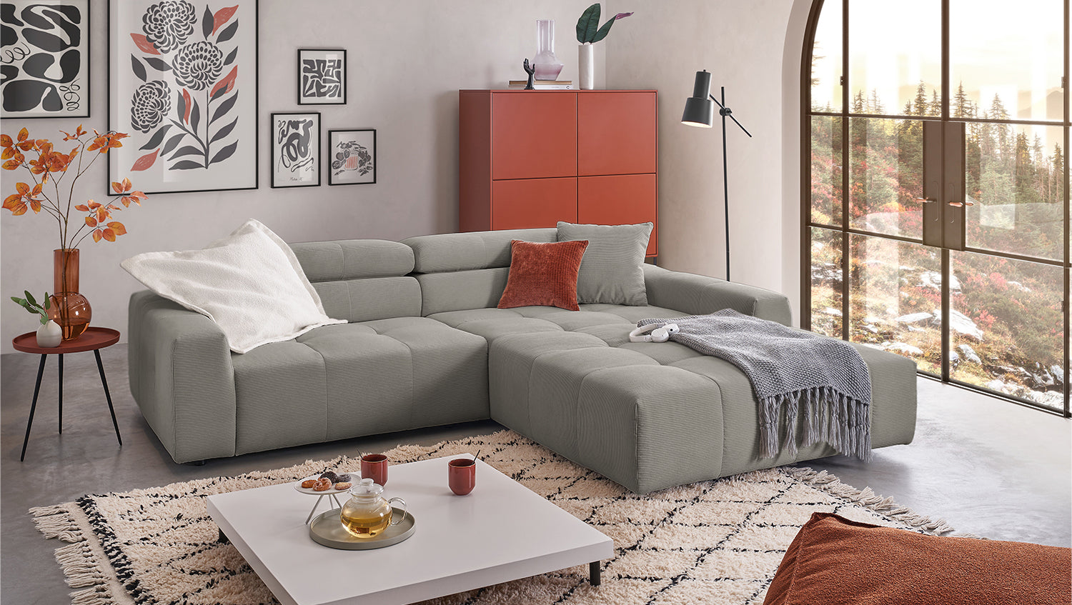 KAWOLA Sofa RENO Ecksofa Feincord grau, Rechts, Relaxfunktion