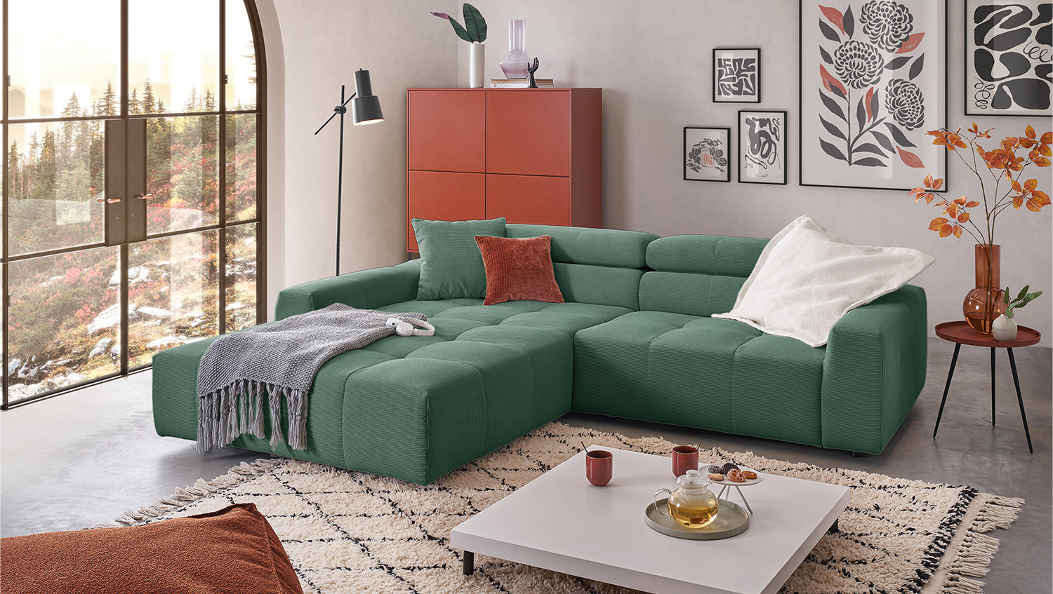 KAWOLA Sofa RENO Ecksofa Feincord grün, Links, Ohne Komfortfunktion