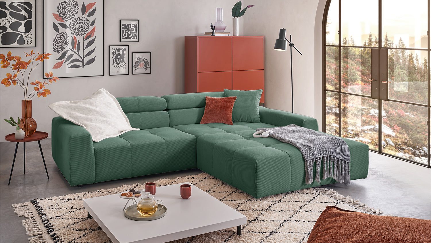 KAWOLA Sofa RENO Ecksofa Feincord grün, Rechts, Ohne Komfortfunktion