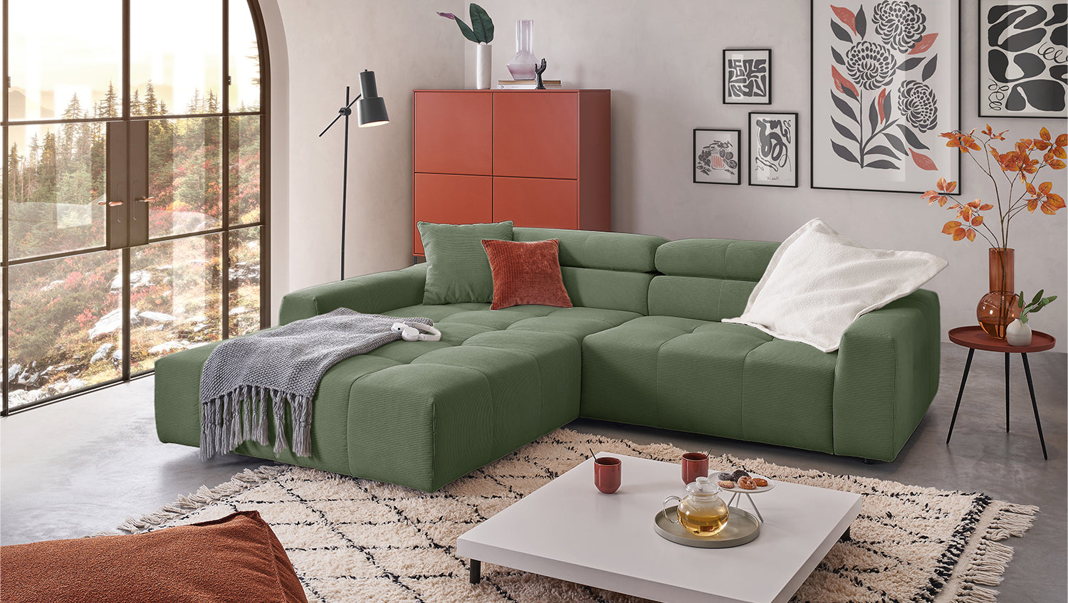 KAWOLA Sofa RENO Ecksofa Feincord olivgrün, Links, Relaxfunktion