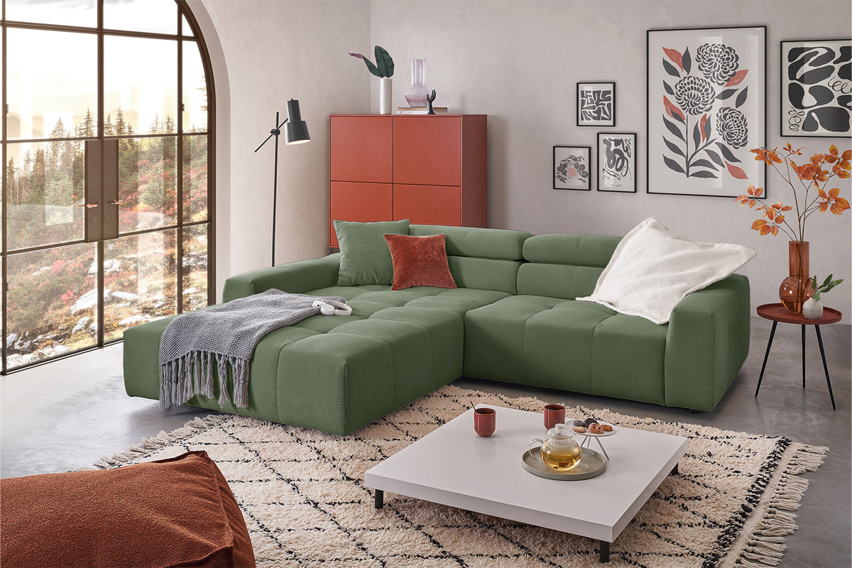 KAWOLA Sofa RENO Ecksofa Feincord olivgrün, Links, Relaxfunktion