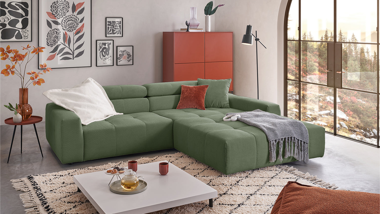 KAWOLA Sofa RENO Ecksofa Feincord olivgrün, Rechts, Ohne Komfortfunktion