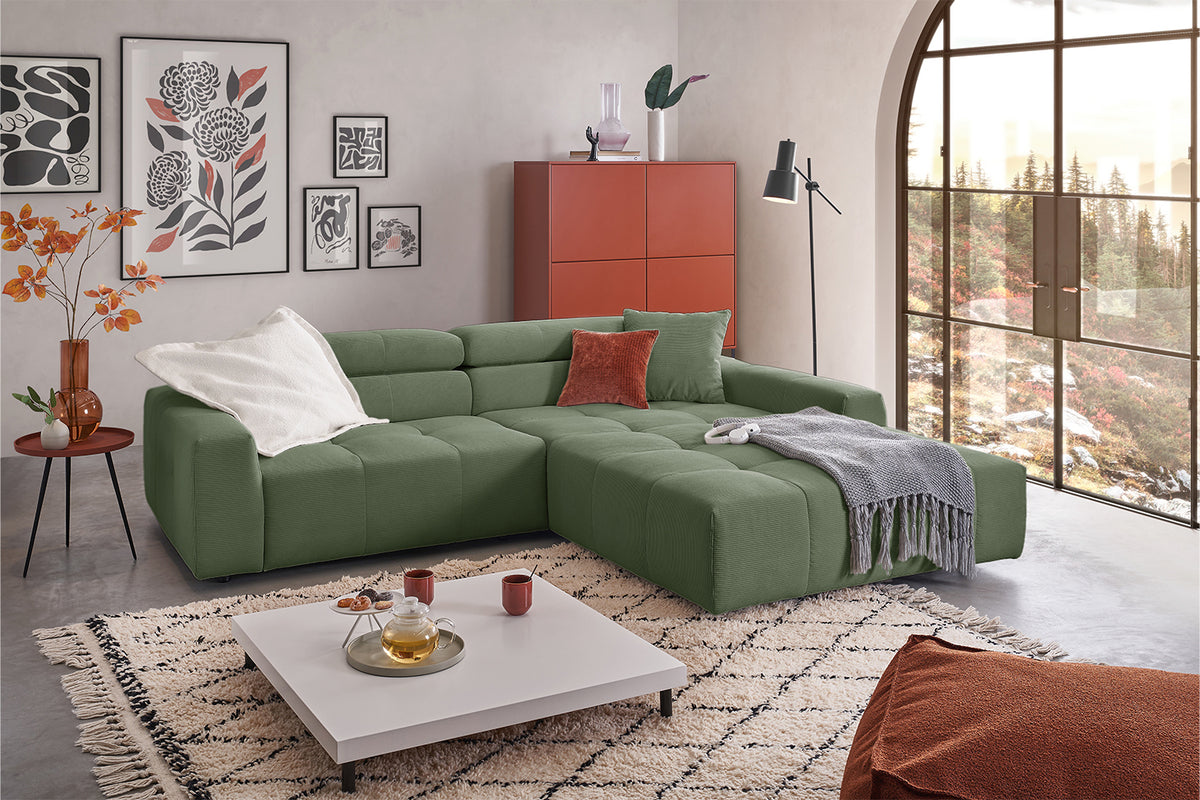 KAWOLA Sofa RENO Ecksofa Feincord olivgrün, Rechts, Ohne Komfortfunktion