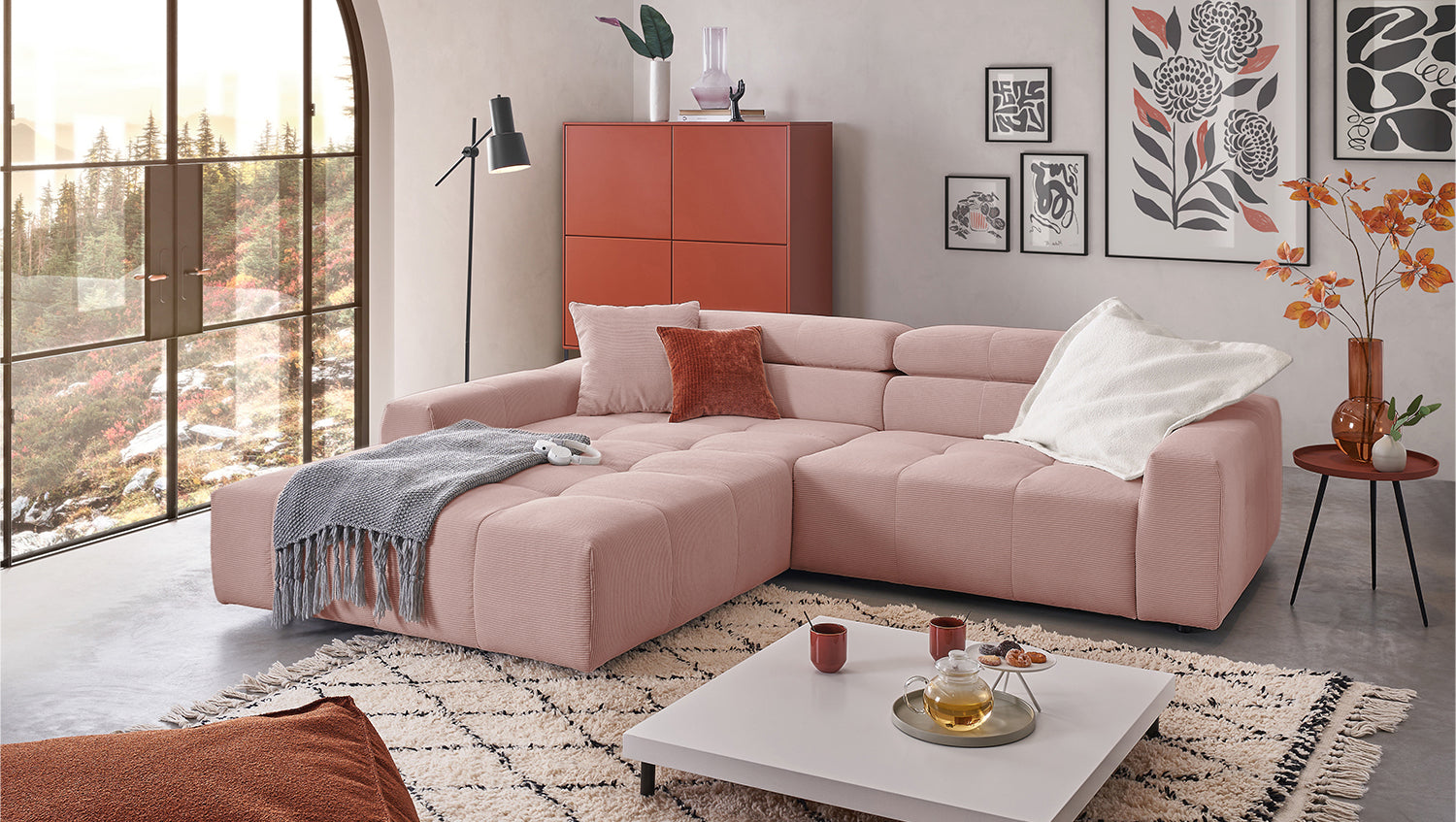 KAWOLA Sofa RENO Ecksofa Feincord rosa, Links, Ohne Komfortfunktion