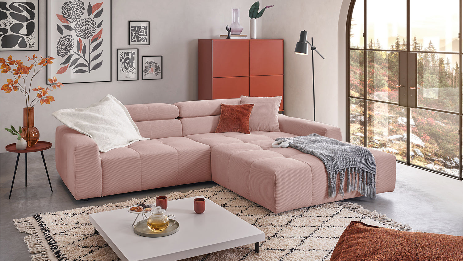 KAWOLA Sofa RENO Ecksofa Feincord rosa, Rechts, Ohne Komfortfunktion