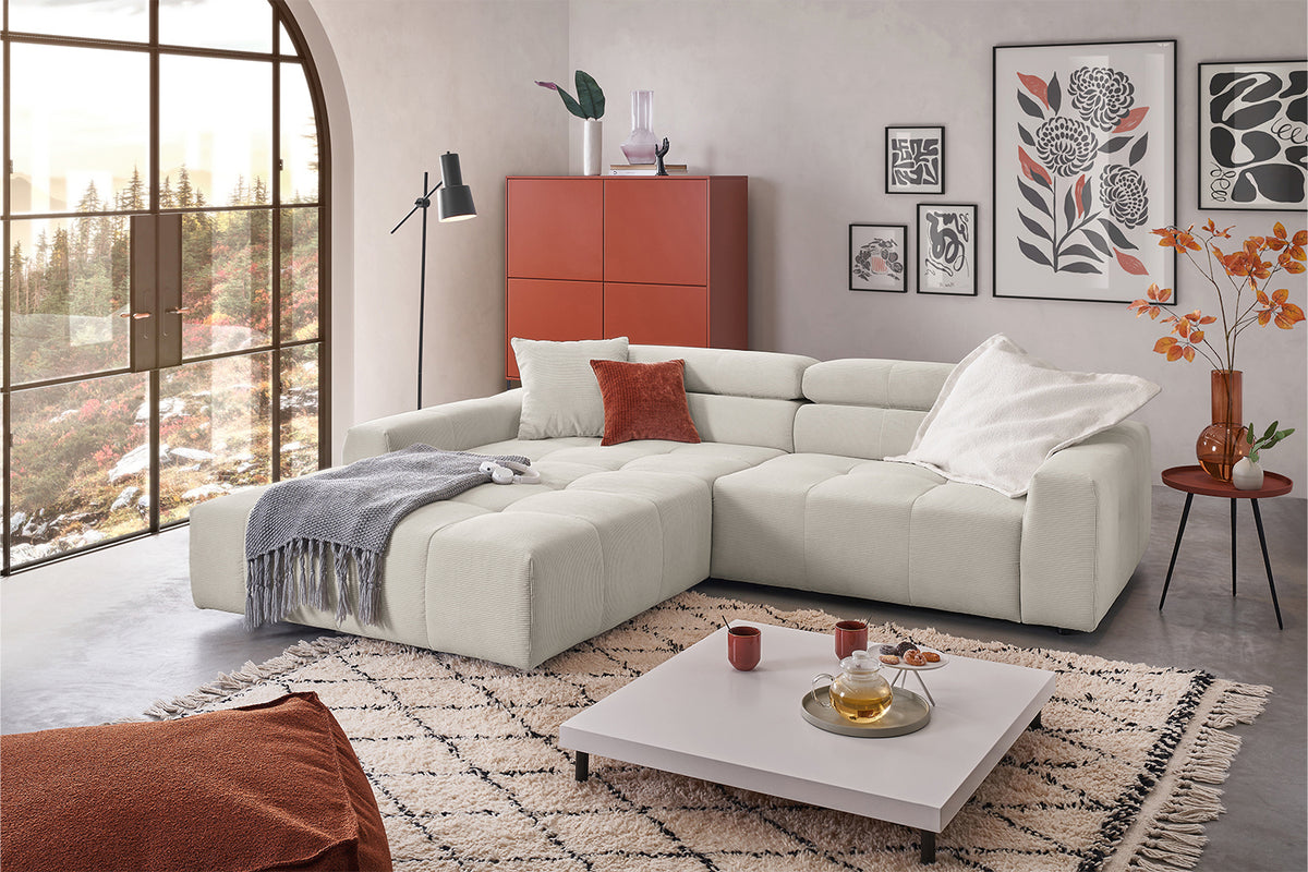 KAWOLA Sofa RENO Ecksofa Feincord silber, Links, Relaxfunktion