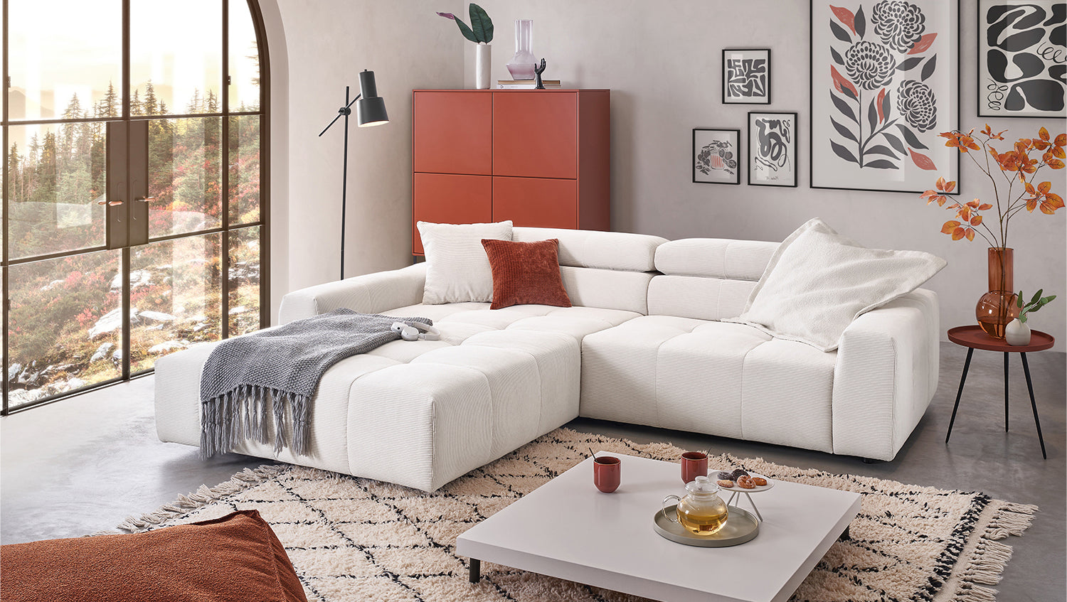 KAWOLA Sofa RENO Ecksofa Feincord weiß, Links, Ohne Komfortfunktion