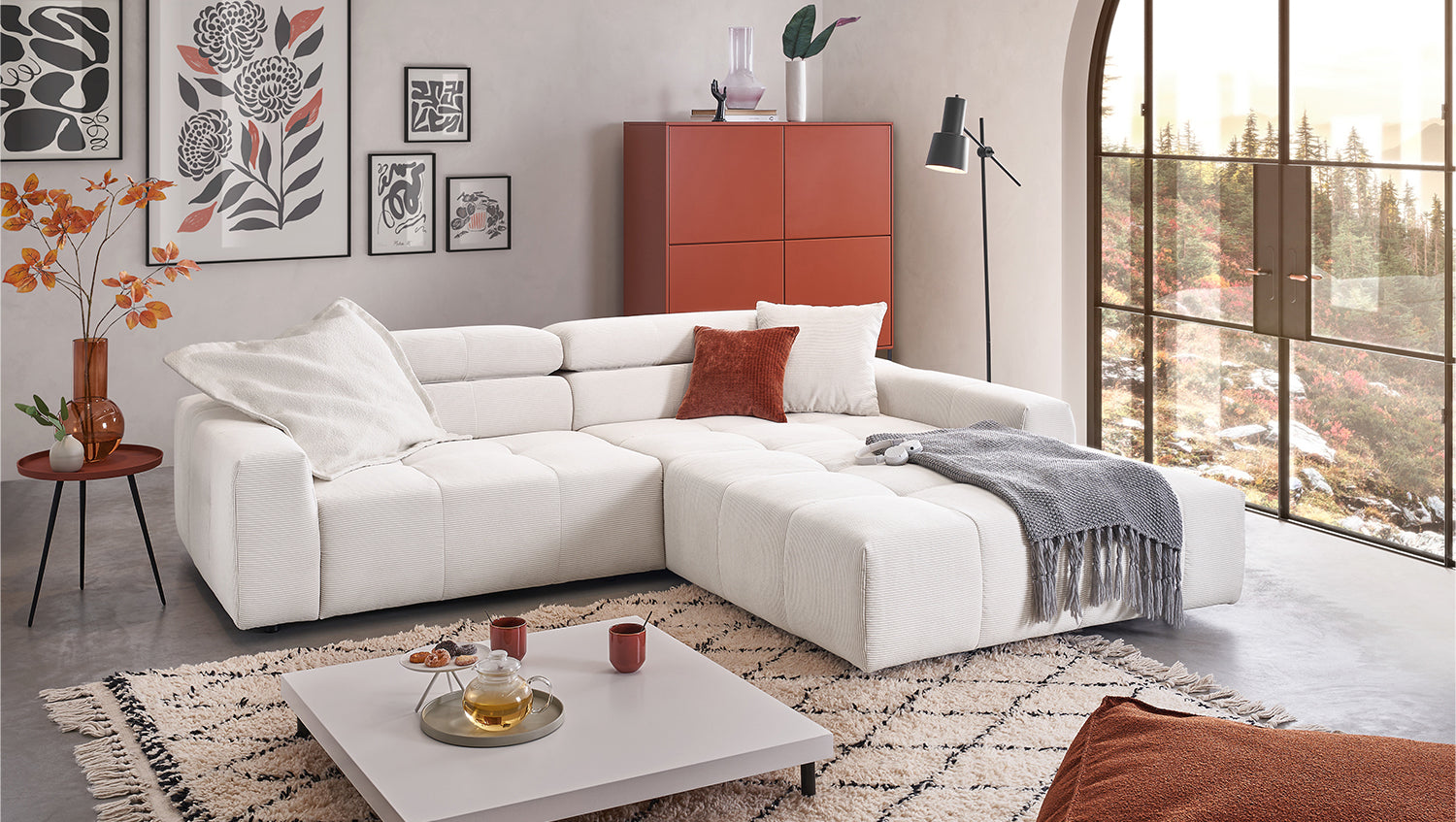 KAWOLA Sofa RENO Ecksofa Feincord weiß, Rechts, Ohne Komfortfunktion