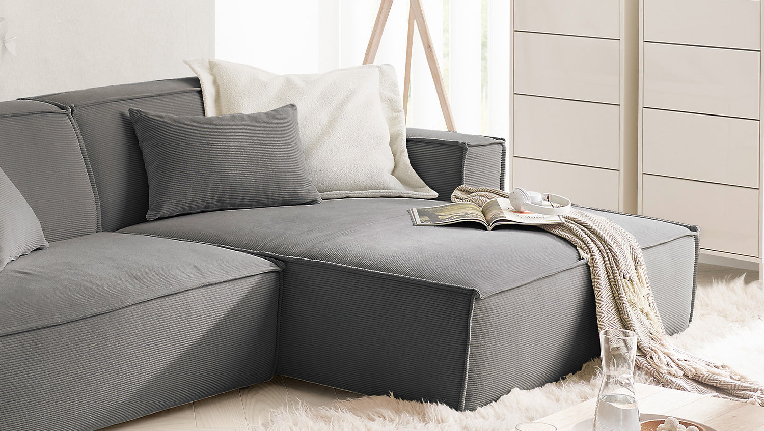 KAWOLA Sofa SAMU Ecksofa Feincord anthrazit