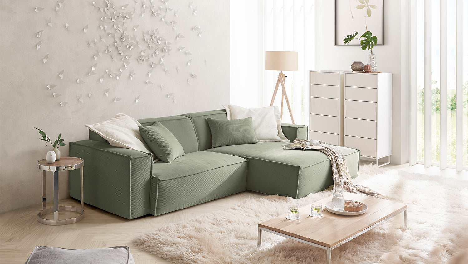 KAWOLA Sofa SAMU Ecksofa Feincord olivgrün, Rechts