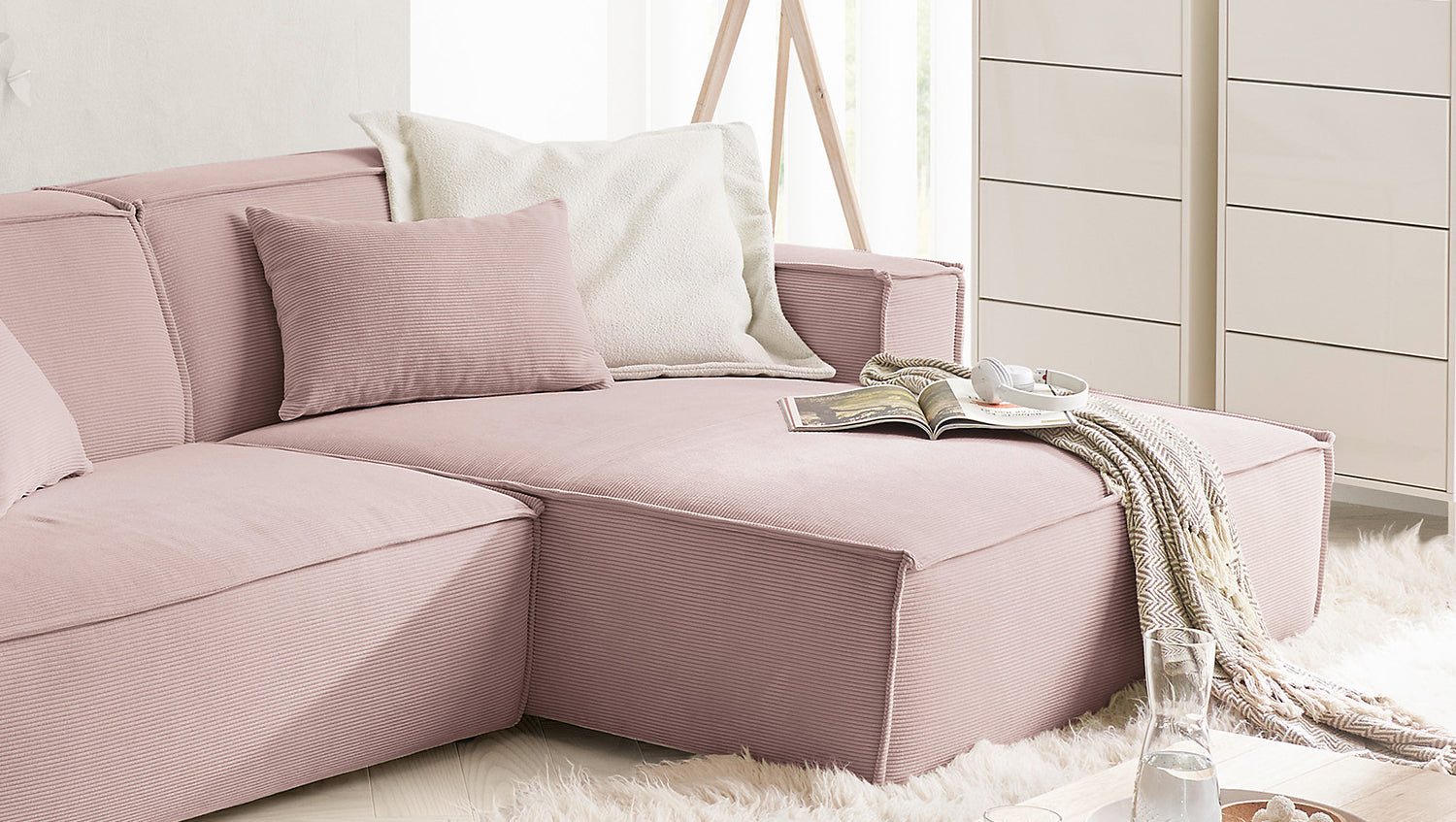 KAWOLA Sofa SAMU Ecksofa Feincord rosa