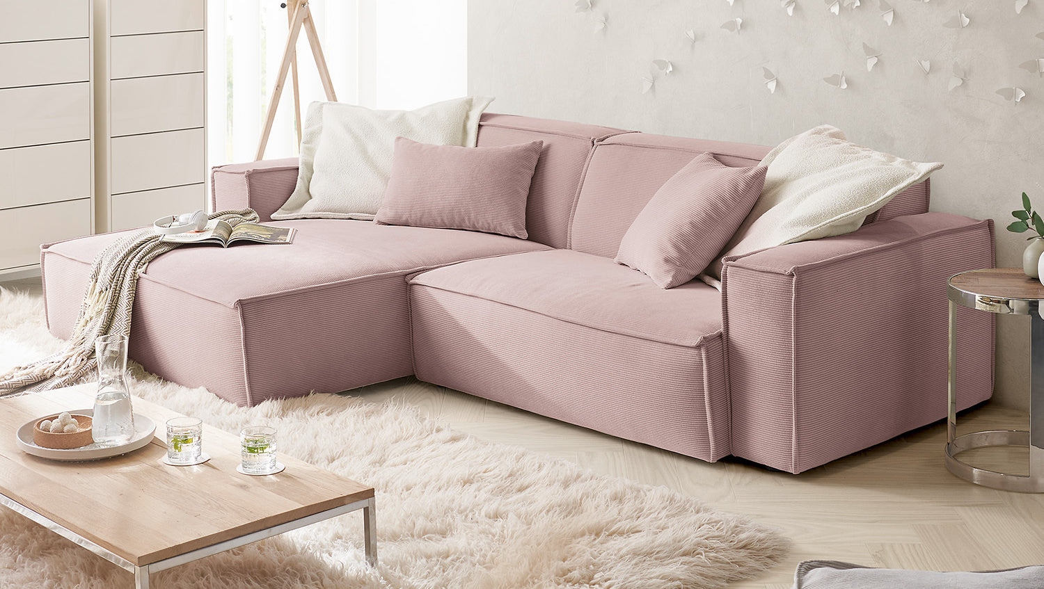 KAWOLA Sofa SAMU Ecksofa Feincord rosa