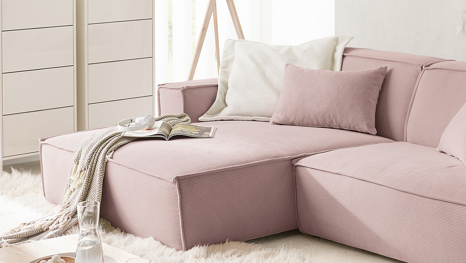 KAWOLA Sofa SAMU Ecksofa Feincord rosa