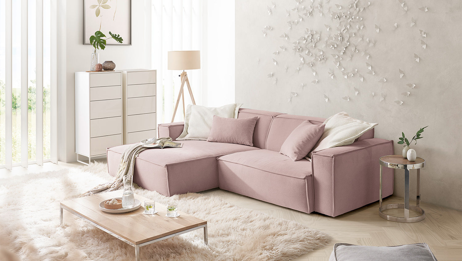 KAWOLA Sofa SAMU Ecksofa Feincord rosa, Links