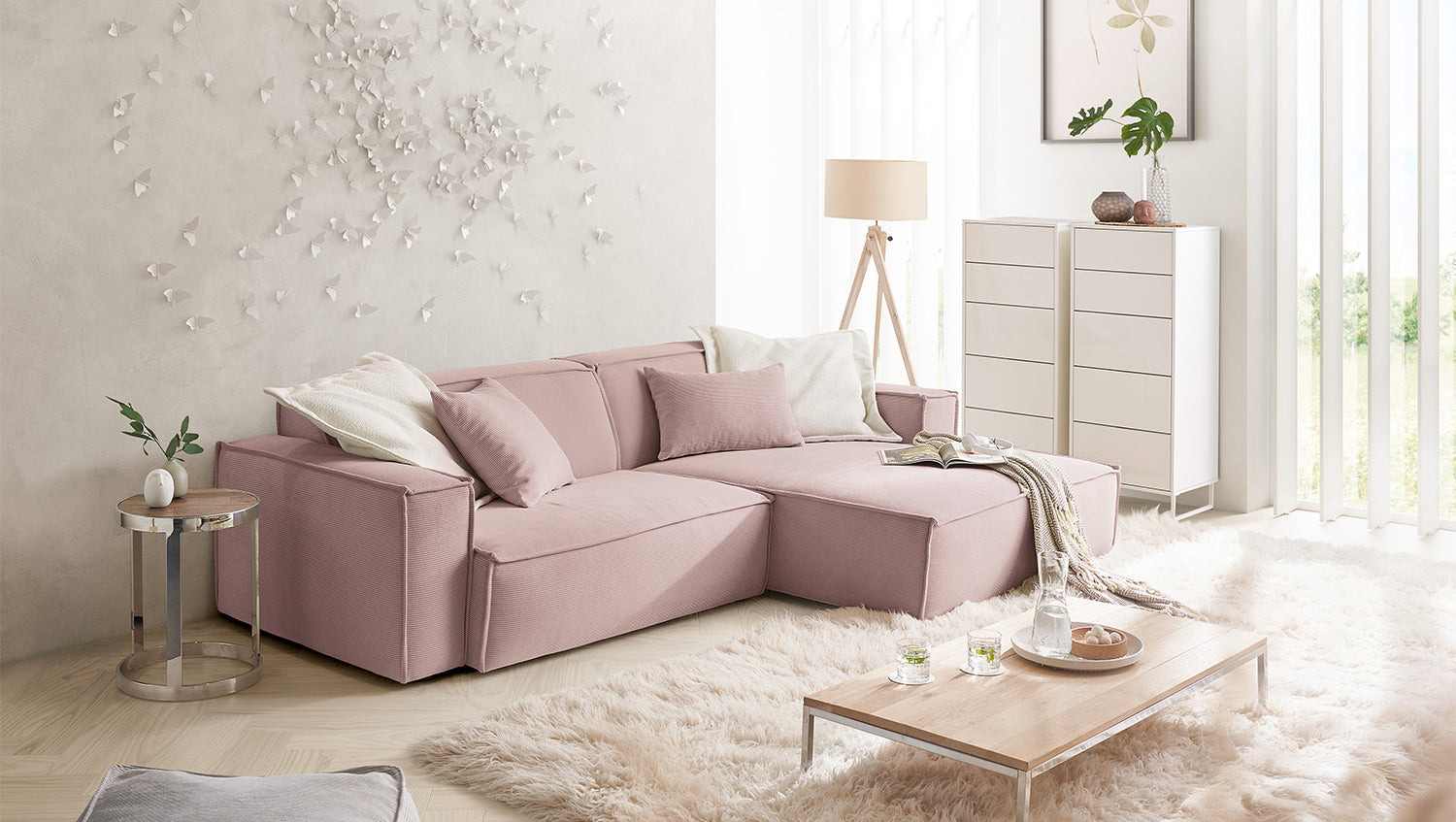 KAWOLA Sofa SAMU Ecksofa Feincord rosa, Rechts