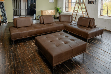 KAWOLA Sofa WIOLO Ecksofa Leder mit Hocker dunkelbraun